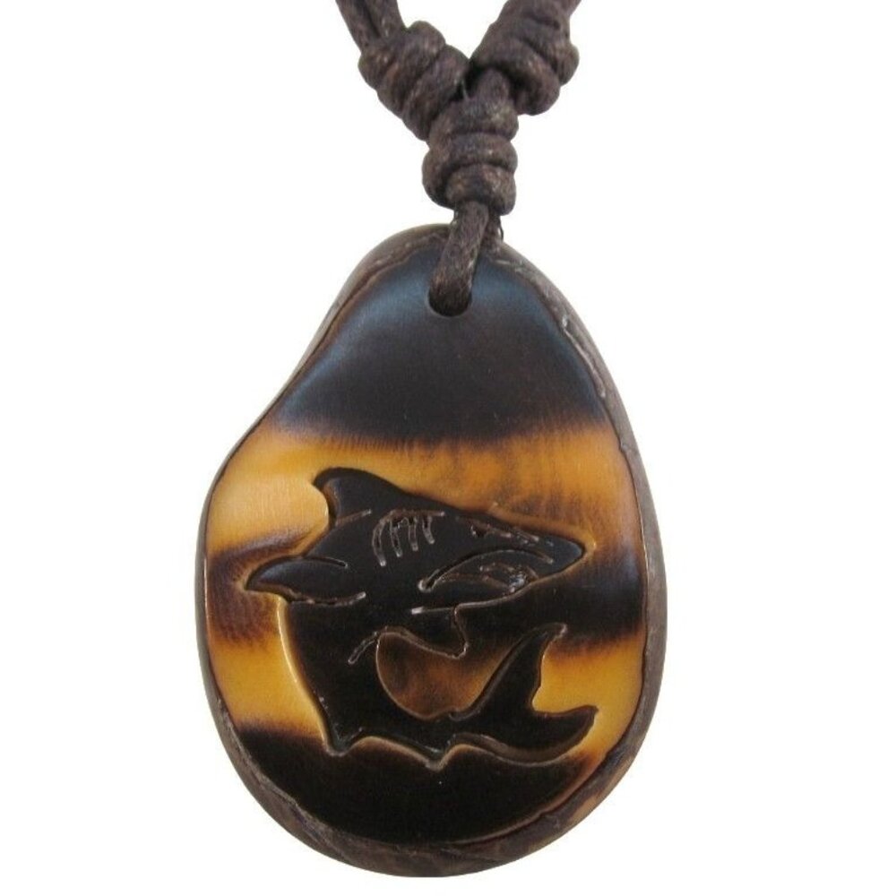 Sliced Tagua Nut Cut Out Shark Design Pendant Necklace with Adjustable Cord New
